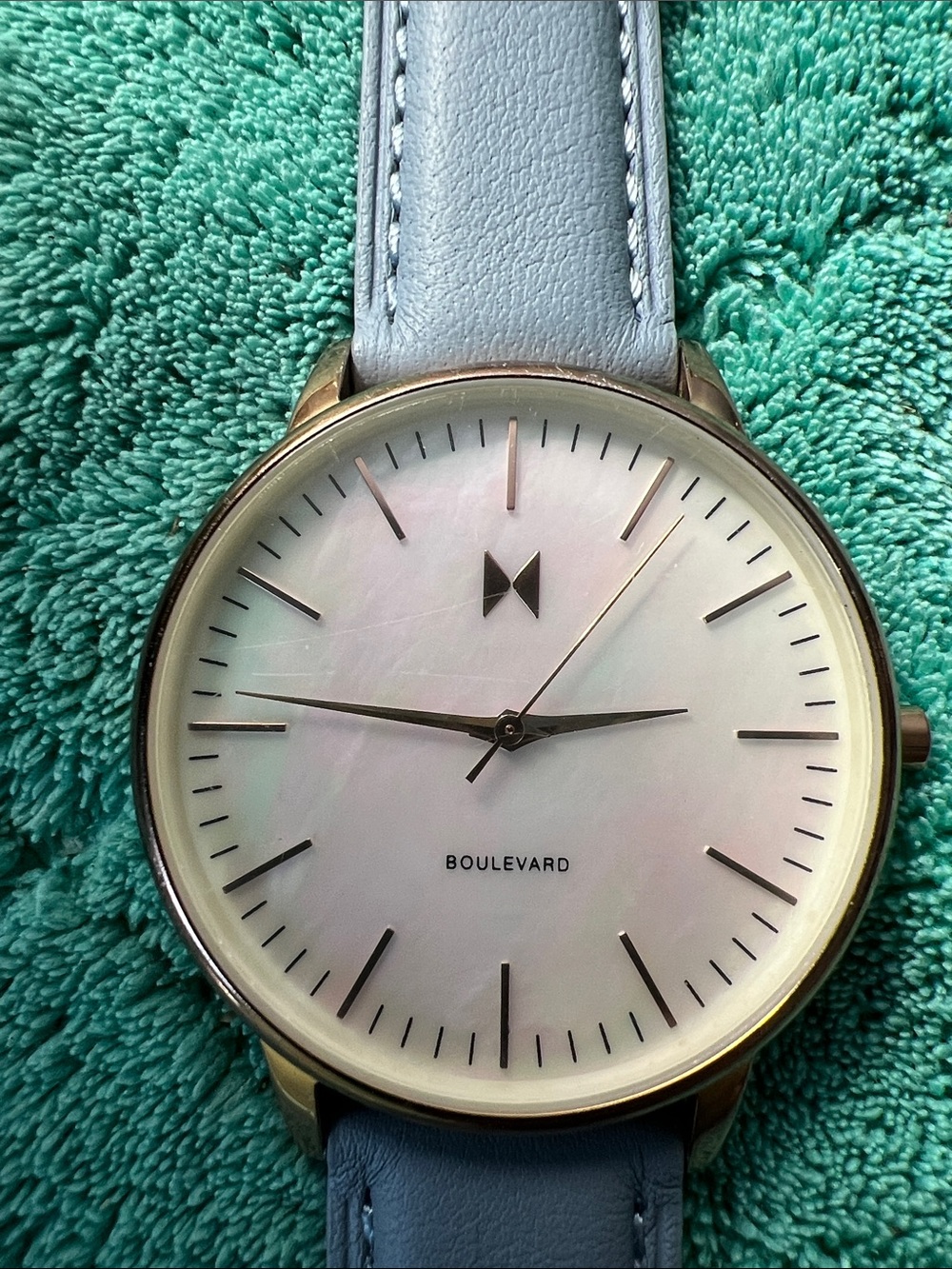 MVMT Boulevard Watch in Light Blue and Mother of Pearl with Gold Accents